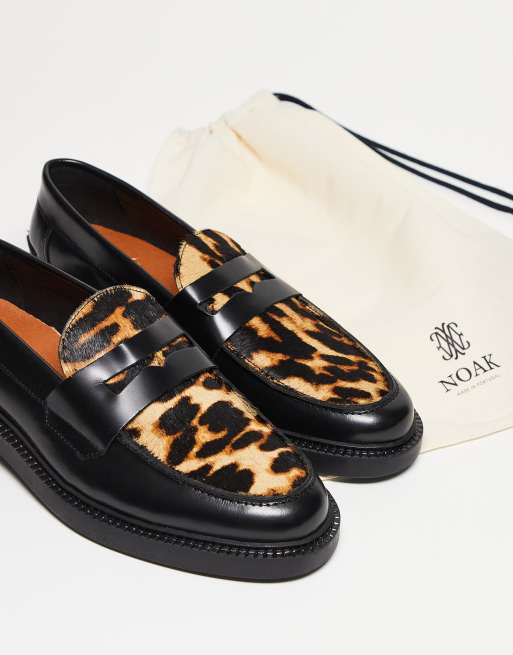Noak - Made in Portugal - Sorte penny-loafers i læder med vamp med leopardprint, 3 af 5