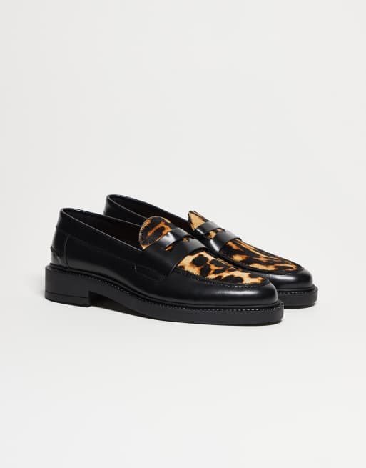 Noak - Made in Portugal - Sorte penny-loafers i læder med vamp med leopardprint, 4 af 5