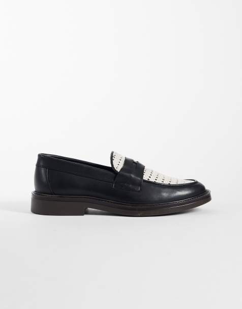 NOAK – Made In Portugal – Svarta pennyloafers i läder med myntdetalj och vita raffiadetaljer - view 1