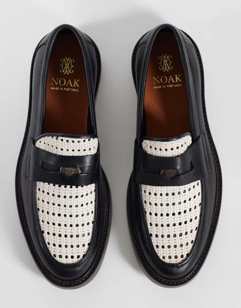 NOAK - Mocassins fabriqués au Portugal en cuir avec détail pièce de monnaie et empeigne en raphia - Noir - view 1