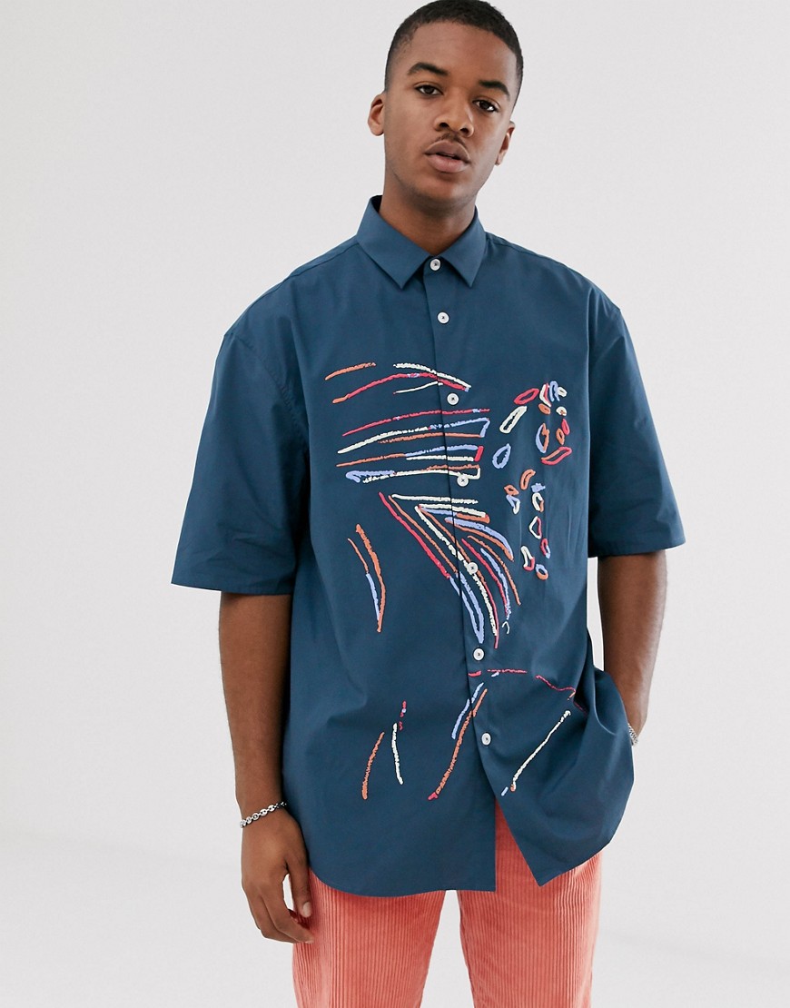Noak - Oversized overhemd met kunstprint-Marineblauw