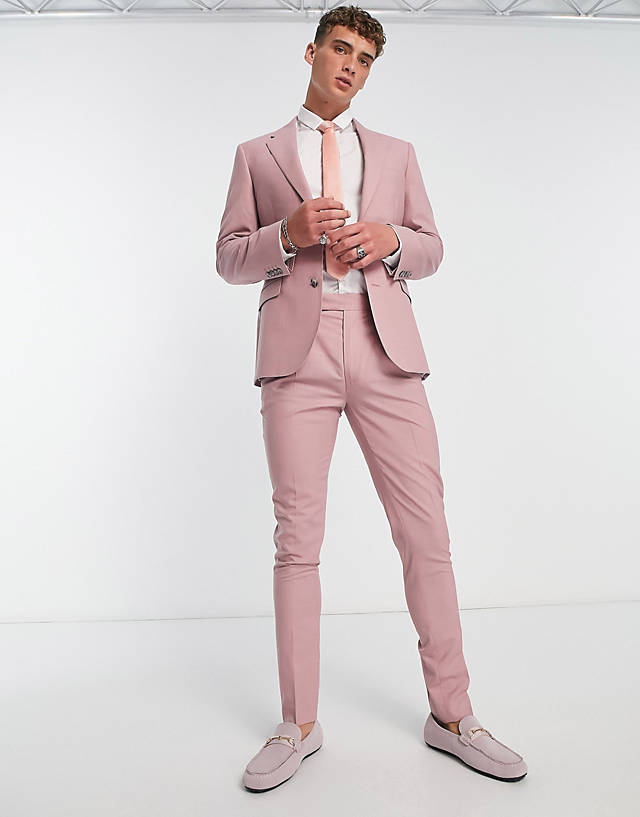 Noak - premium wool-rich skinny suit trousers in pastel pink
