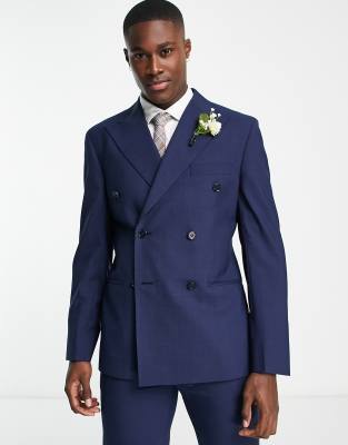 Noak premium wool-rich slim double-breasted suit jacket in navy | ASOS