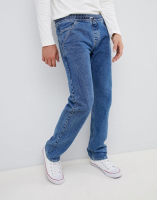 Noak - Rechte jeans in midblauwe wassing met trekkoord