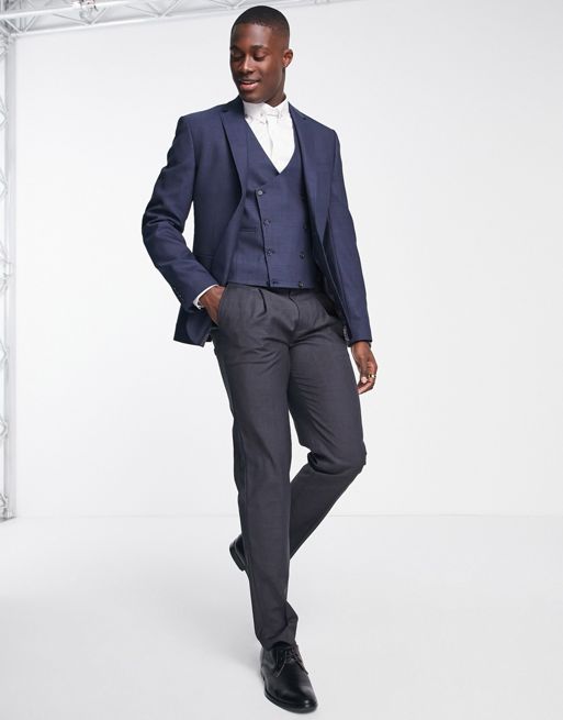 Noak skinny blazer in blue birdseye textured wool blend with two-way stretch