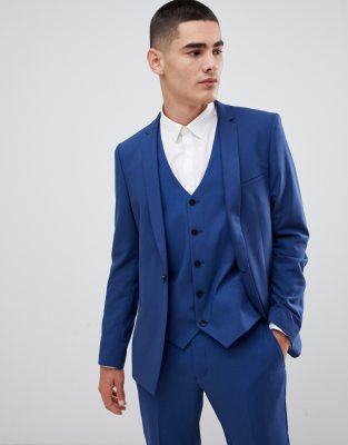 Noak  Granatowa marynarka garniturowa o obcis?ym kroju z kwadratowym r?bkiem-Niebieski Niebieski