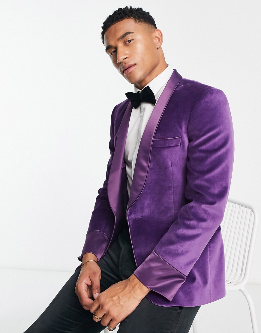 Noak skinny cotton velvet dinner jacket in plum-Purple