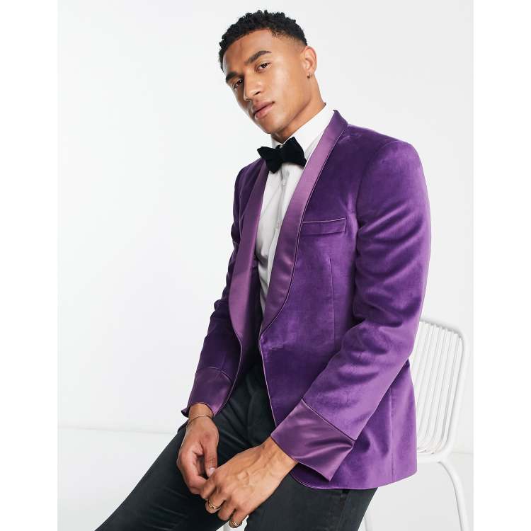 Noak skinny cotton velvet dinner jacket in plum ASOS