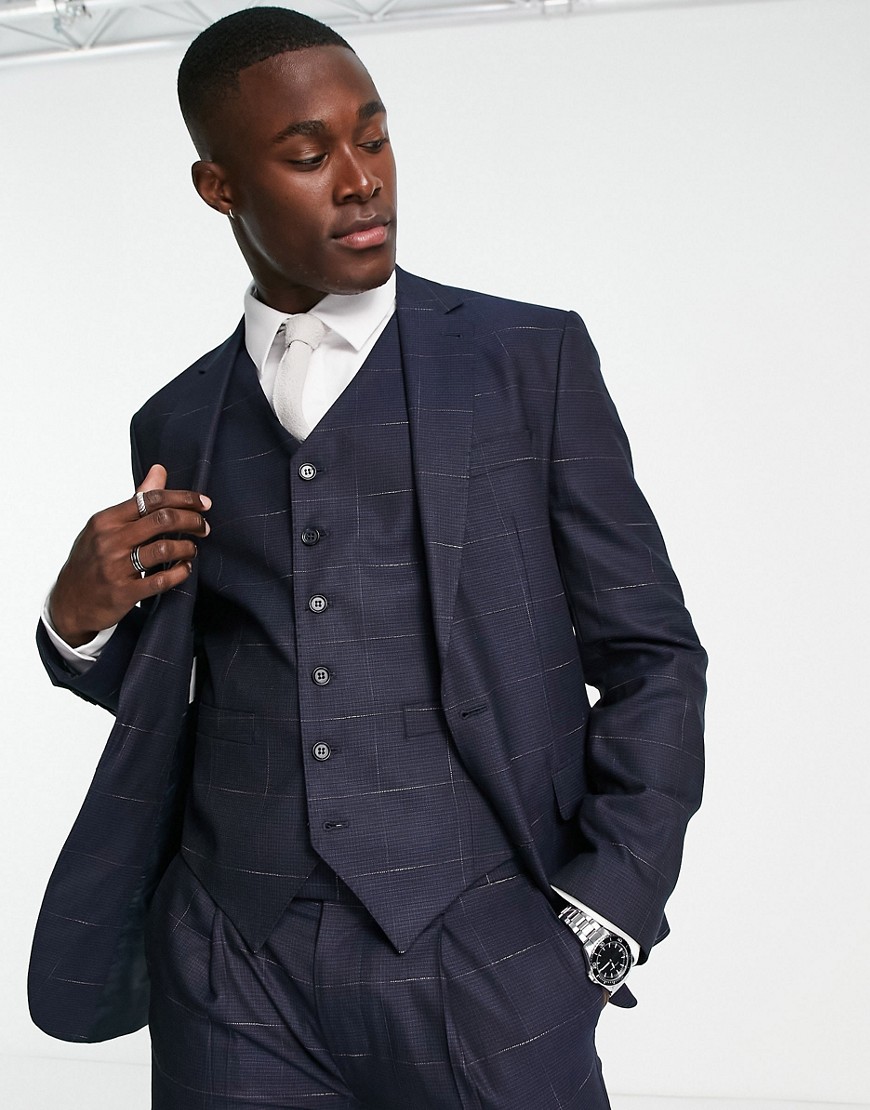 skinny premium fabric suit jacket in navy windowpane plaid with stretch
