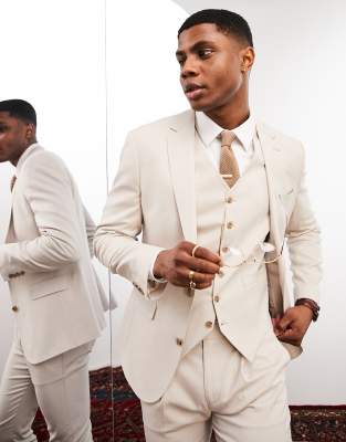 Noak skinny premium fabric suit jacket in stone micro texture with stretch - ASOS Price Checker