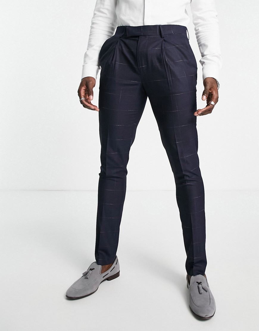 Noak skinny premium fabric suit trousers in navy windowpane check with stretch