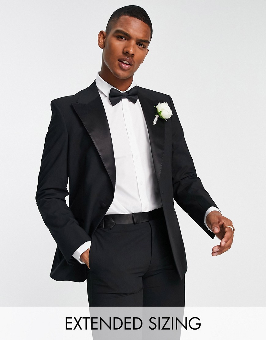 skinny premium fabric tuxedo suit jacket in black with stretch
