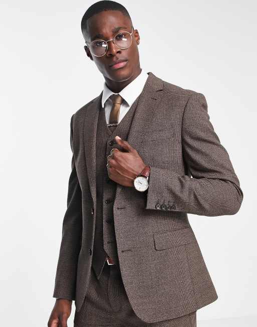 Noak skinny suit jacket in brown puppytooth check virgin wool blend with  two way stretch