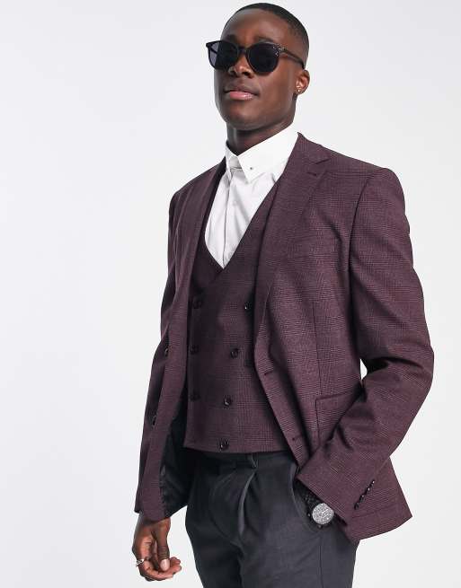 Noak skinny suit jacket in burgundy Glen check worsted wool blend