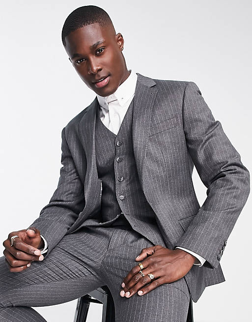 Noak skinny suit jacket in gray pinstripe with two-way stretch | ASOS