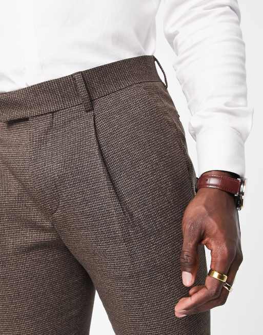 Noak skinny suit pants in brown puppytooth plaid virgin wool blend with two way stretch, 3 of 4