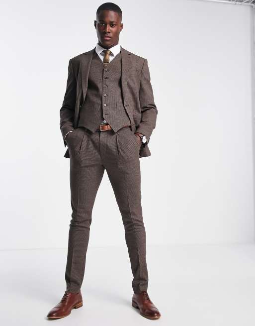 Noak skinny suit pants in brown puppytooth plaid virgin wool blend with two way stretch, 4 of 4