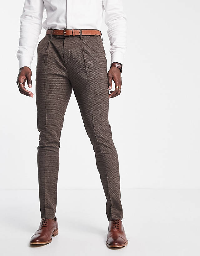 Noak - skinny suit trousers in brown puppytooth check virgin wool blend with two way stretch