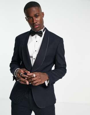 Noak skinny tuxedo suit jacket in navy virgin wool blend leopard jacquard