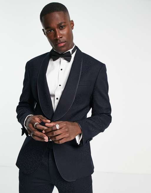 Noak skinny tuxedo suit jacket in navy virgin wool blend leopard