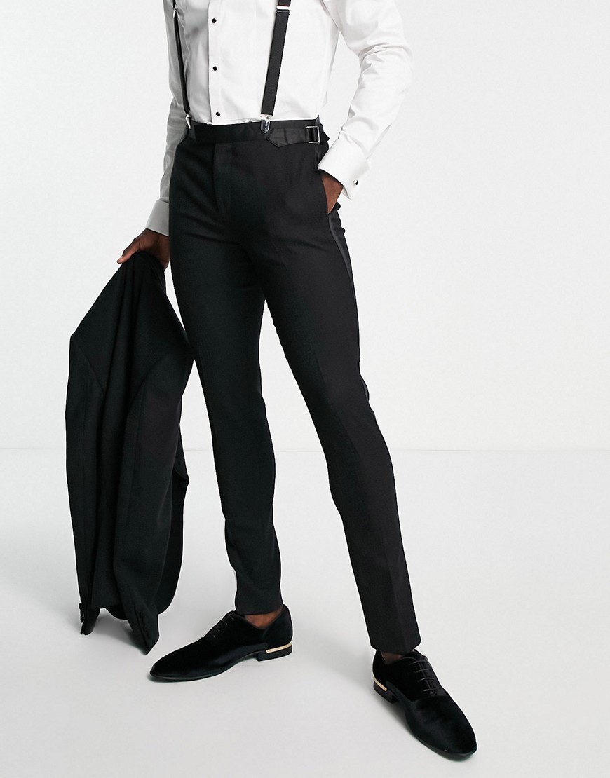 Noak skinny tuxedo suit trousers in black virgin wool blend snake jacquard