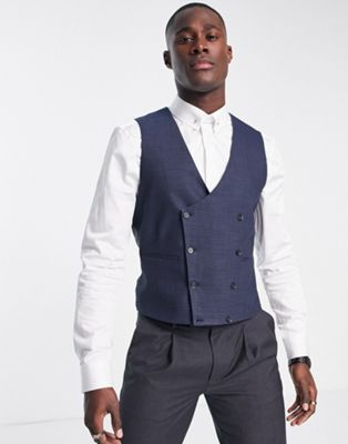 Noak skinny waistcoat in blue birdseye textured wool blend with two-way stretch