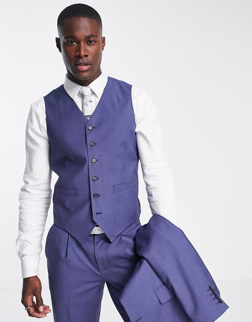slim suit vest in blue pure merino wool melange