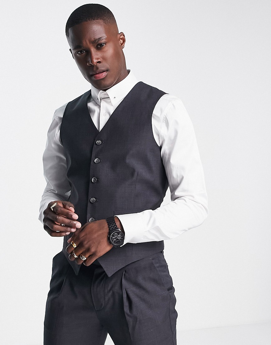 Noak Slim Suit Vest In Navy Pure Merino Wool Melange