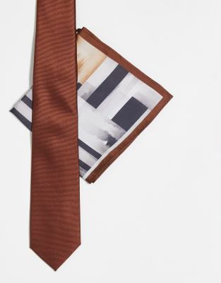 Noak slim tie and pocket square in brown abstract print - ASOS Price Checker