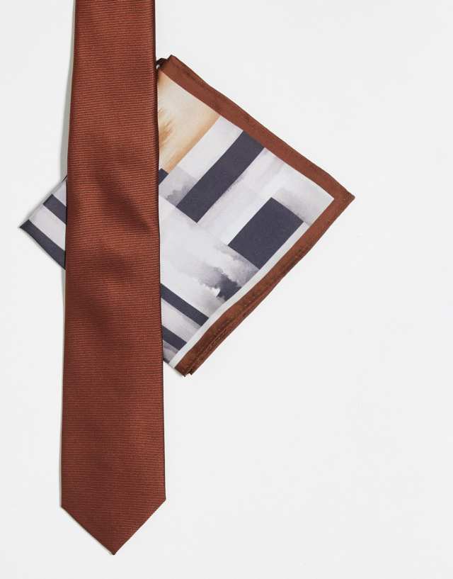 Noak slim tie and pocket square in brown abstract print