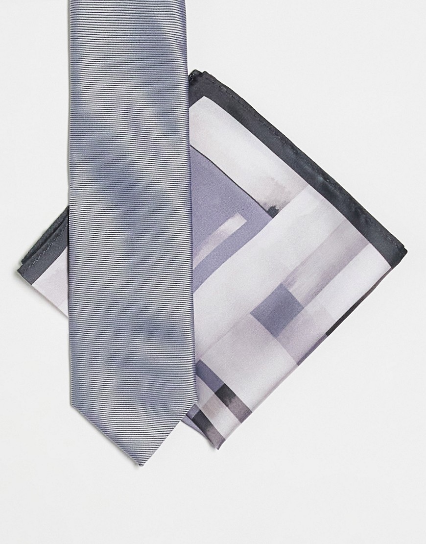 Noak Slim Tie And Pocket Square In Gray Abstract Print