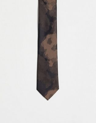 Noak slim tie in brown and black watercolour jacquard - ASOS Price Checker