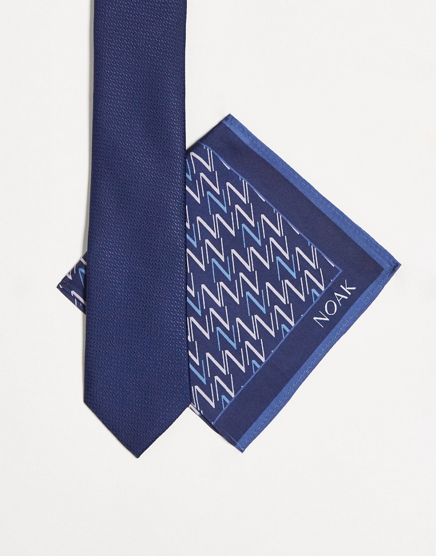 Noak Slim Tie With Monogram Pocket Square In Navy