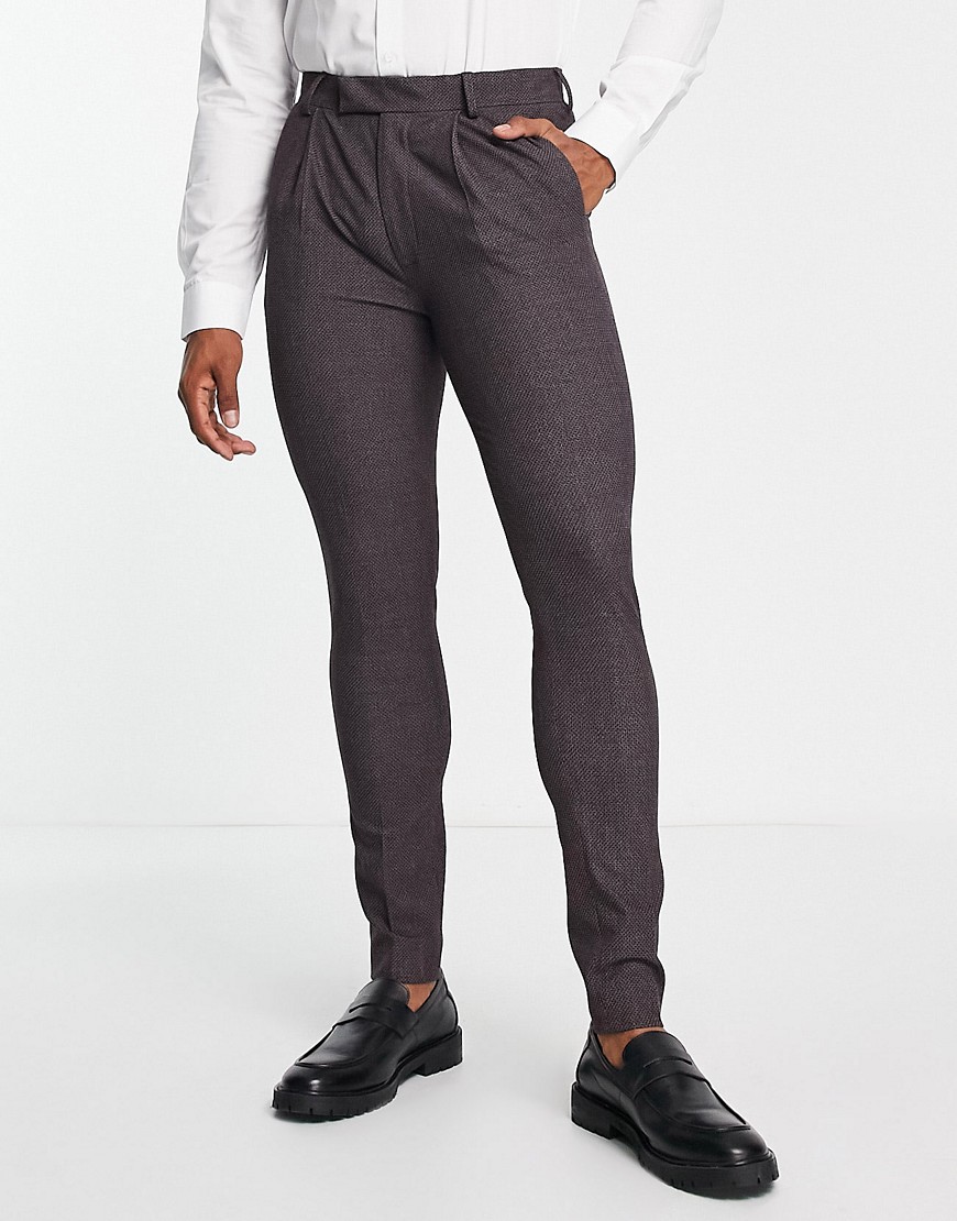 Noak Super Skinny Premium Fabric Suit Pants In Burgundy Micro-texture-red