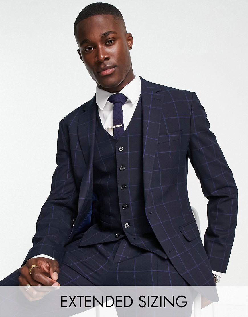 Noak super skinny suit jacket in navy windowpane check with stretch