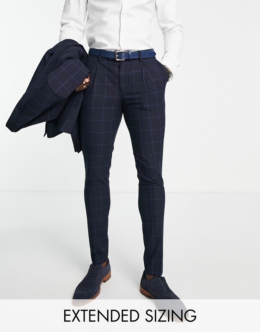 super skinny suit pants in navy windowpane check with stretch