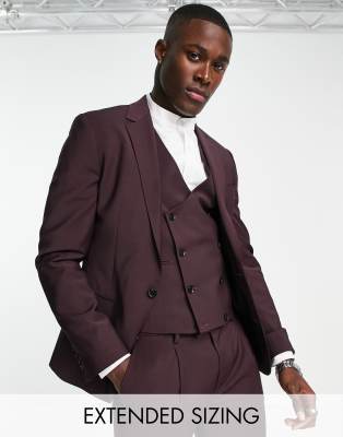 Noak Skinny Suit Jacket In Burgundy Glen Check Worsted Wool Blend-red