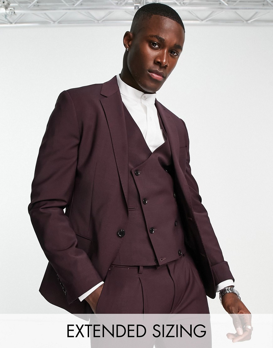 'Tower Hill' super skinny suit jacket in burgundy worsted wool blend with stretch-Red