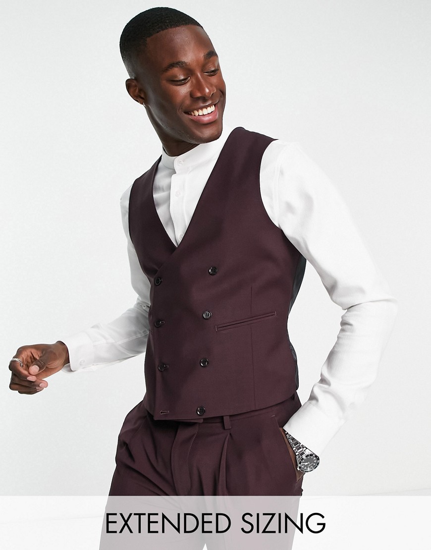 Noak 'tower Hill' Super Skinny Suit Vest In Burgundy Worsted Wool Blend With Stretch-red