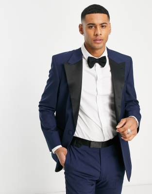 'Verona' wool-rich skinny tuxedo suit jacket in navy