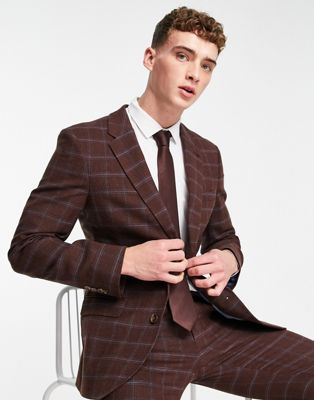 Noak wool-rich skinny suit jacket in burgundy check - ASOS Price Checker