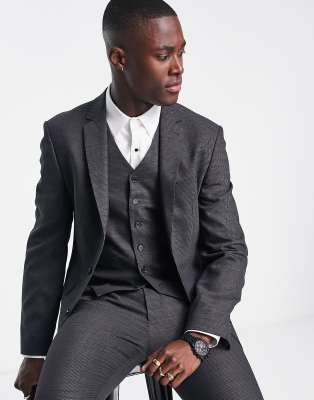 Noak skinny suit jacket in grey birdseye textured wool blend with stretch - ASOS Price Checker
