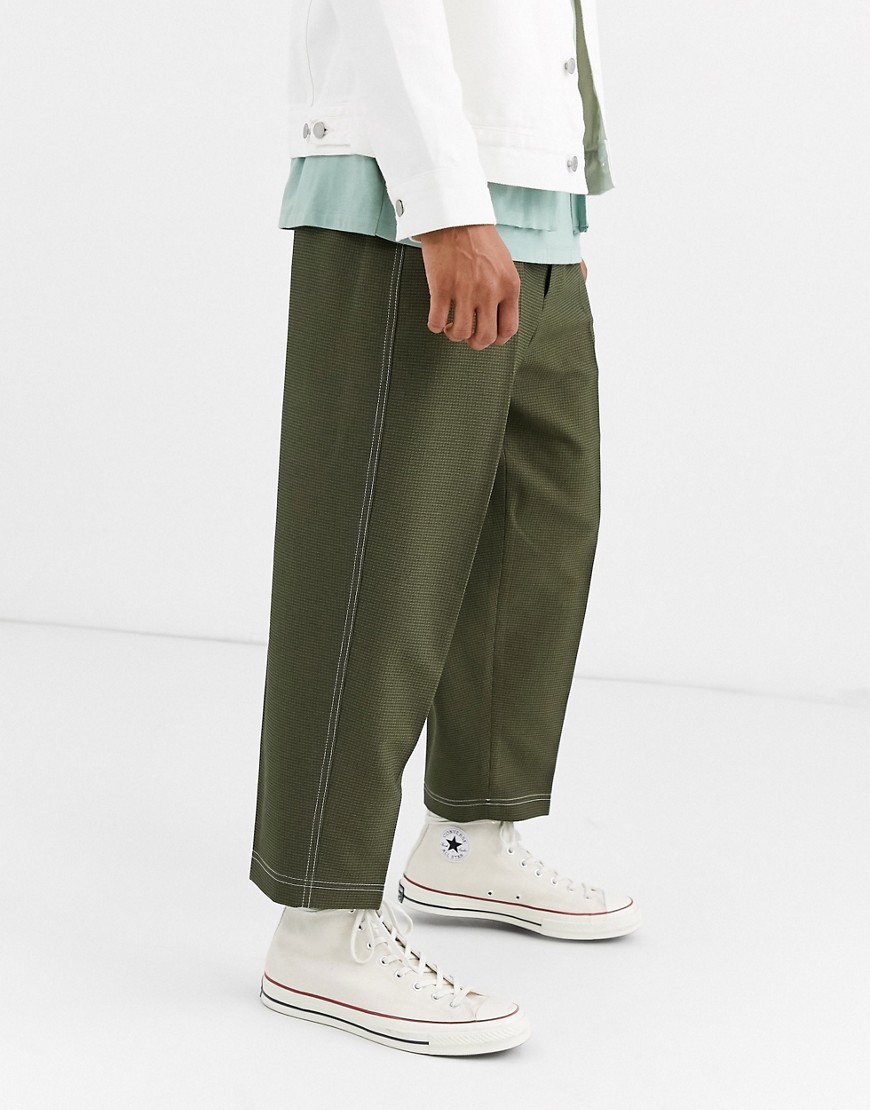 Noak wide leg trousers in khaki texture with contrast stitch-Green