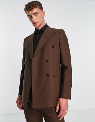 Noak wool-rich skinny double-breasted suit jacket in brown - ASOS Price Checker