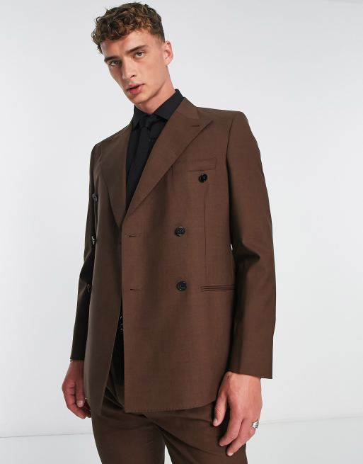 Noak wool-rich skinny double-breasted suit jacket in brown | ASOS