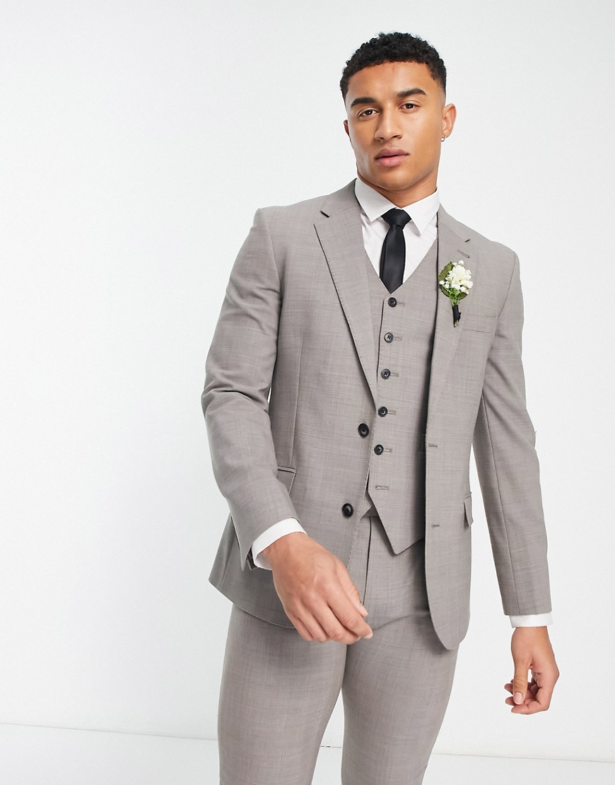 wool-rich skinny suit jacket in stone Prince of Wales check-Neutral