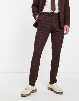 Noak wool-rich skinny suit pants in burgundy check-Red