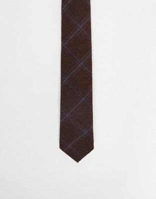 Noak wool slim tie in brown check