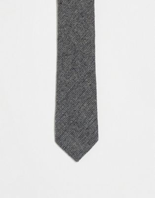 Noak wool slim tie in grey and black chevron weave