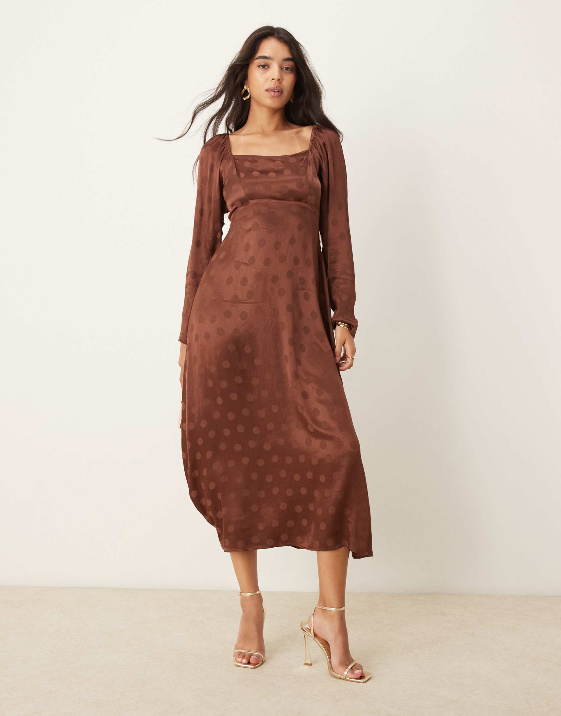 nobody's child abbey satin square neck maxi dress in brown